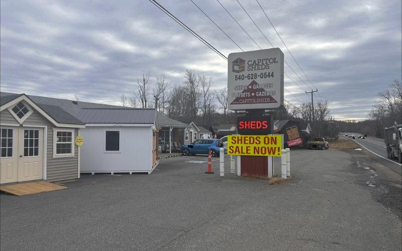 Street view of the sign in front of Capitol Sheds Fredericksburg